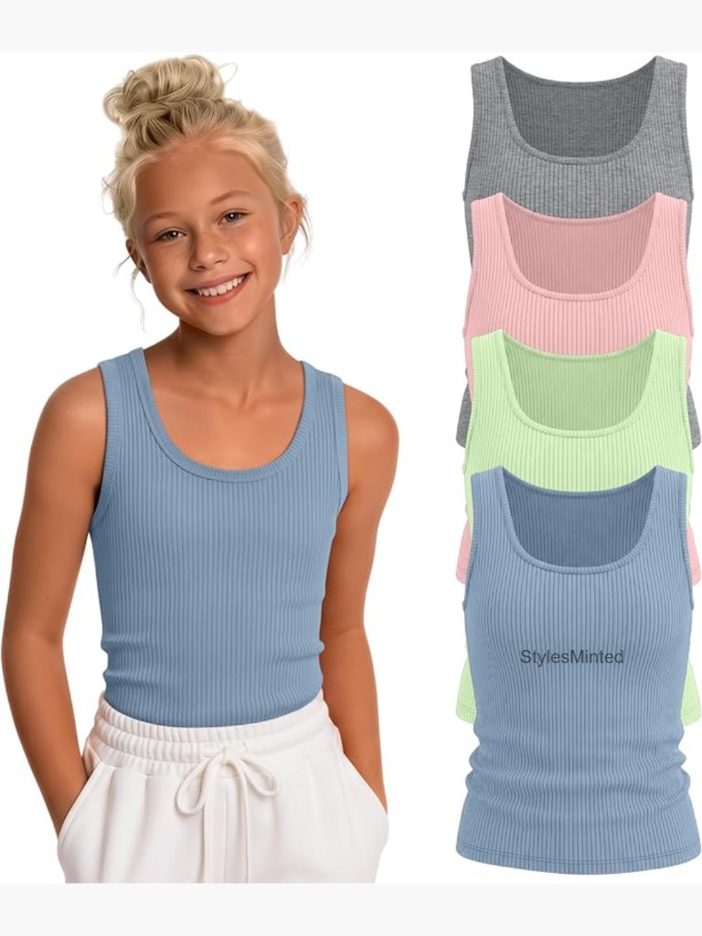 4pk Girls Ribbed Tank Tops - U Neck Sleeveless Camis Athletic Basic Tees 5-14y